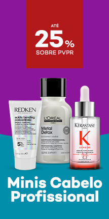 Produtos em tamanho Mini de cabelo profssional com destaque promocional at&eacute; 25% sobre pre&ccedil;o de Venda ao P&uacute;blico Recomendado